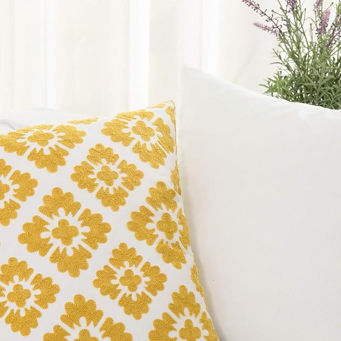 HWY 50 Mustard Yellow Decorative Throw Pillow Covers 18x18 Inch (1 Piece), Embroidered Cotton Farmhouse Cushion Cover Pillow Case for Sofa Couch Living Room Bed, Little Sunflower-Ruum Studio Home