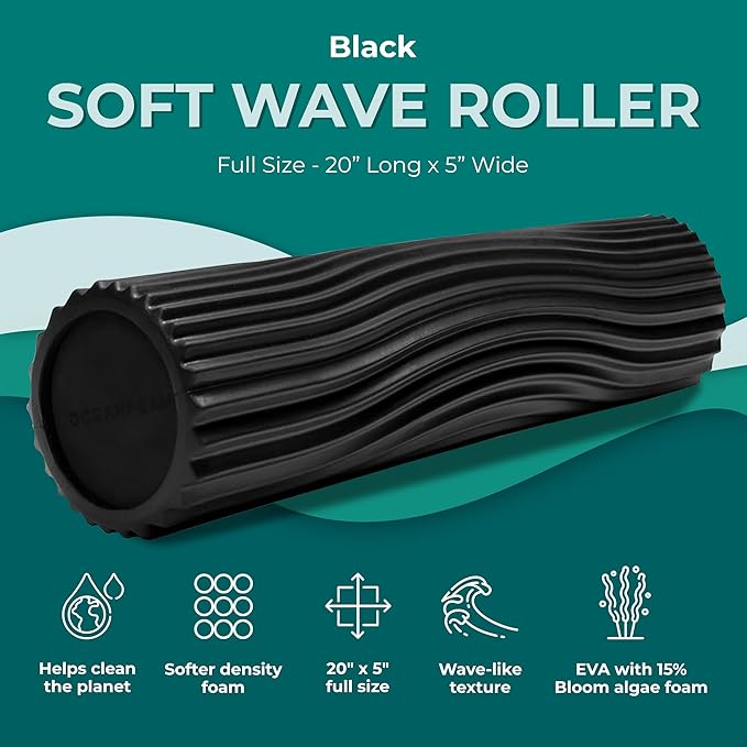 Oceanfoam Soft Tidal Roller (Black) - Low Density Foam Roller for Physical Therapy, Back Pain, Excercise & Stretching - Wave Textured - Yoga, Athletics, & Wellness - Full Size, 20" x 5"-Ruum Studio Home