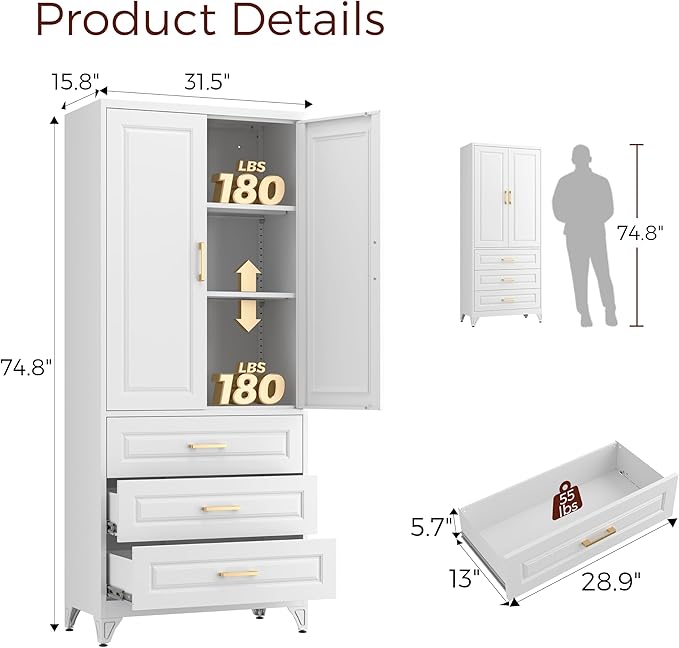 75" Kitchen Pantry Cabinet, Metal Storage Cabinets with Doors and Adjustable Shelves, White Tall Pantry Cabinet with 3 Drawers for Dinning Living Room-Ruum Studio Home