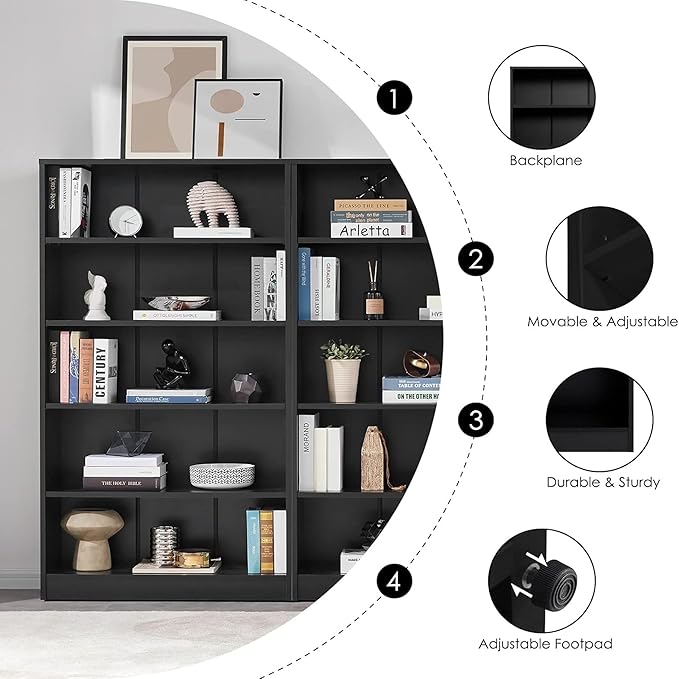 Bookshelf, Open Modern Bookshelf, 5 Shelf Bookcase with Freestanding Display Storage, Wooden Book Shelf for Bedroom, Living Room, Dinning Room, Office, 60 Inch, Black-Ruum Studio Home