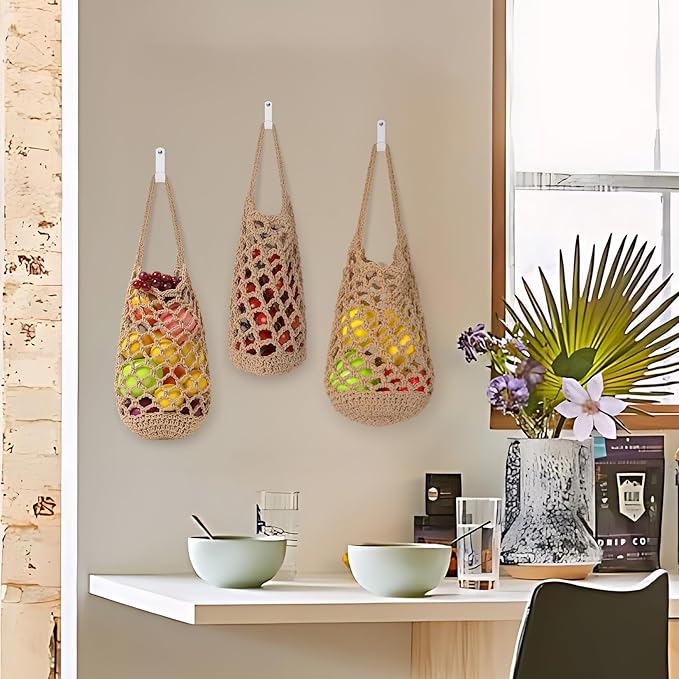 AARAINBOW Boho Wall Hanging Baskets for Kitchen Storage, Fruit Woven Wall Basket 9 Pcs, Hanging Vegetable and Onion Storage with 24 Hooks （Brown）-Ruum Studio Home