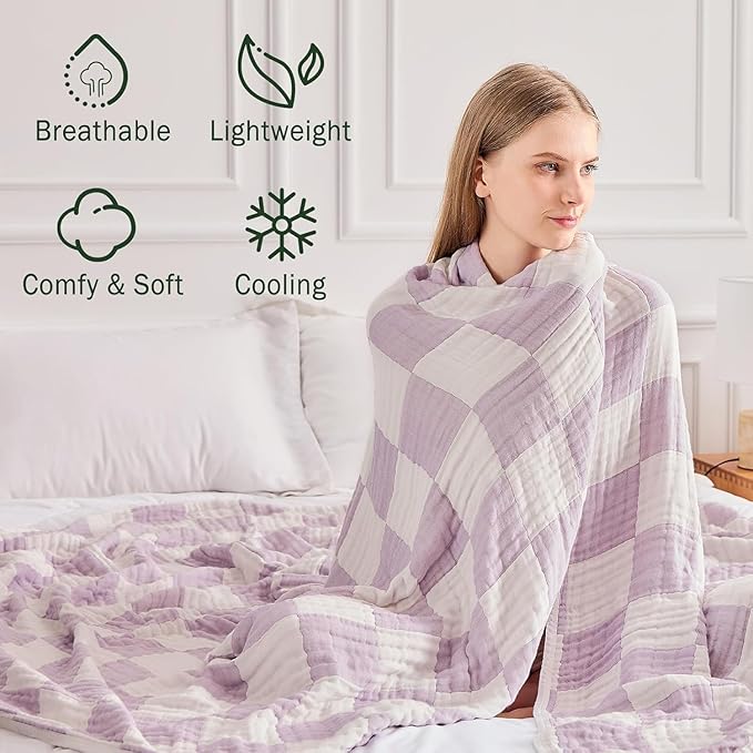 EMME Checkered Cotton Blanket Twin Large 60"x80" 100% Muslin for Couch Breathable Cooling Gauze All Season Soft and Lightweight (Lavender)-Ruum Studio Home