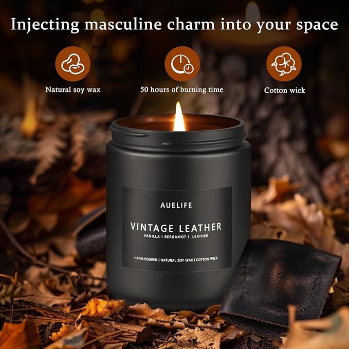 2 Pack Men Candles | Smoke & Vanilla + Vintage Leather - Scented Candles for Men - Masculines Candle - Soy Candle for Home Scented, Man Gifts, Black Jar - 7oz-Ruum Studio Home