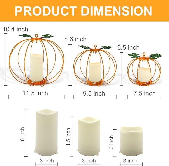 Halloween Metal Pumpkin Candle Holder, 3 Pcs Light up Orange Pumpkin Lantern with LED Flickering Yellow Candle Lights Build in Timer for Thanksgiving Halloween Harvest Fall Home Decor-Ruum Studio Home