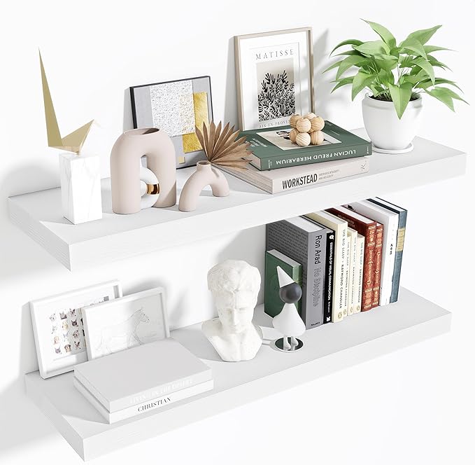 Floating Shelves Set of 2, 36 Inch Long Wooden Wall Shelves, 10 Inch Deep Wall Mounted Storage Shelf with Metal Brackets for Living Room, Bathroom, Bedroom and Kitchen, White-Ruum Studio Home