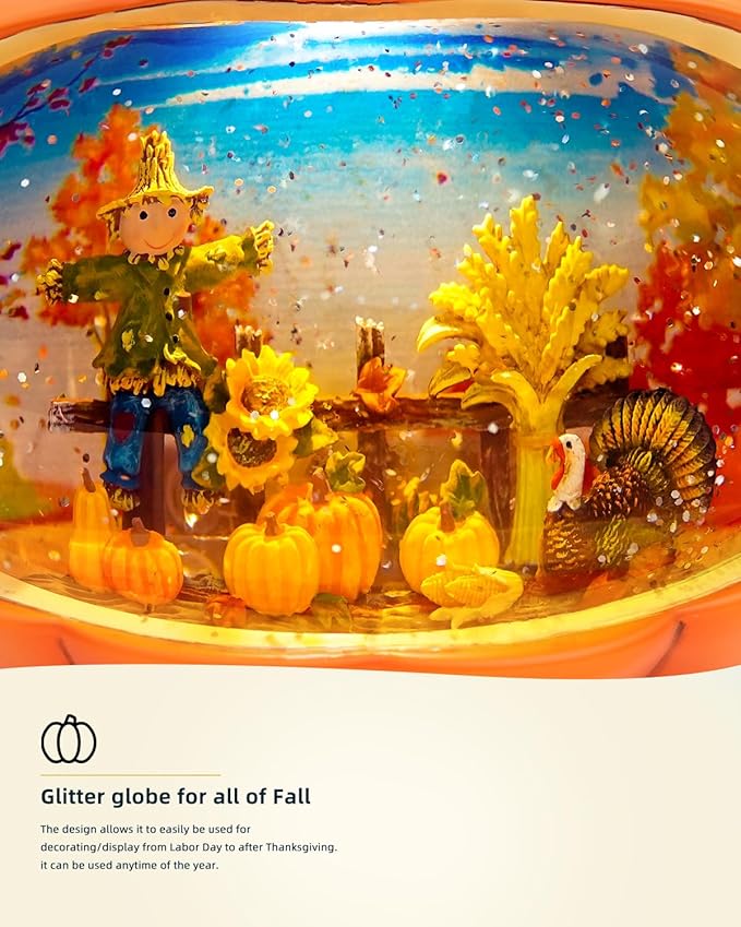 Fall Decor Snow Globe Lighted Pumpkin Thanksgiving Decoration Swirling Glitter Snow Globes Pumpkin Table Accent for Fall Harvest Day Decorations,Pumpkin&Scarecrow-Ruum Studio Home