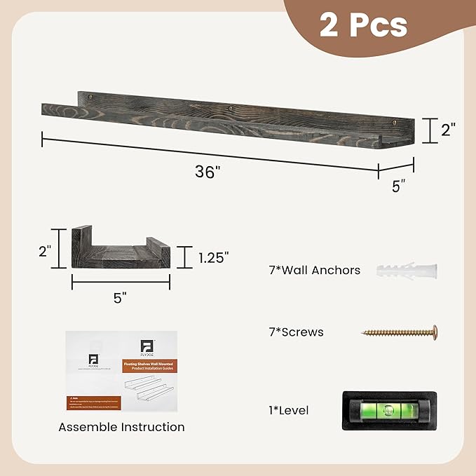 36 Inches Floating Shelves for Wall, Solid Pine Wood Picture Ledge Shelves, Wall Shelves with Lips, Nursery Book Shelves for Toys Storage Living Room Bedroom Photo Frames (2 Pcs, Grey)-Ruum Studio Home