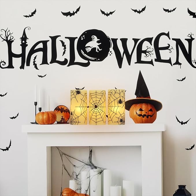 Wondise Halloween Flickering Flameless Candles with Spider Decals, Battery Operated Candles with 6hrs Timer, Real Wax Halloween LED Candles for Horror Spooky Halloween Home Decoration(Set of 3, 3"x6")-Ruum Studio Home