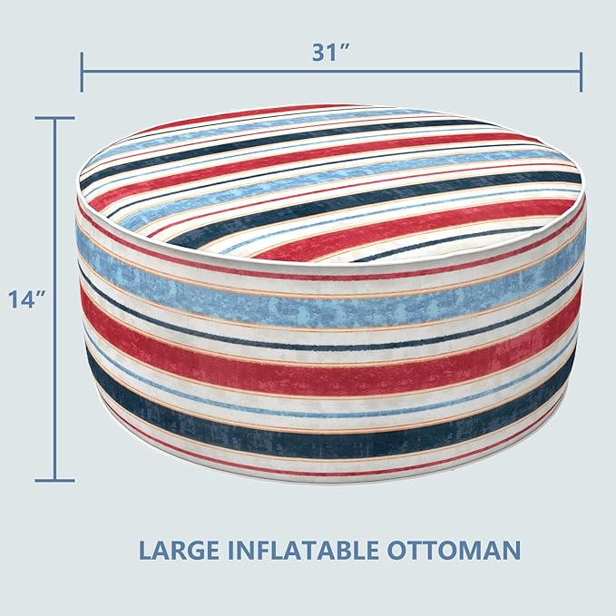 LVTXIII Outdoor Inflatable Ottoman, Fade-Resistant Round Footrest Stool D31”x H14”, Portable Patio Pouf for Garden Camping or Home Use, Stripe Red Blue-Ruum Studio Home