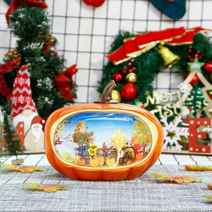 Fall Decor Snow Globe Lighted Pumpkin Thanksgiving Decoration Swirling Glitter Snow Globes Pumpkin Table Accent for Fall Harvest Day Decorations,Pumpkin&Scarecrow-Ruum Studio Home