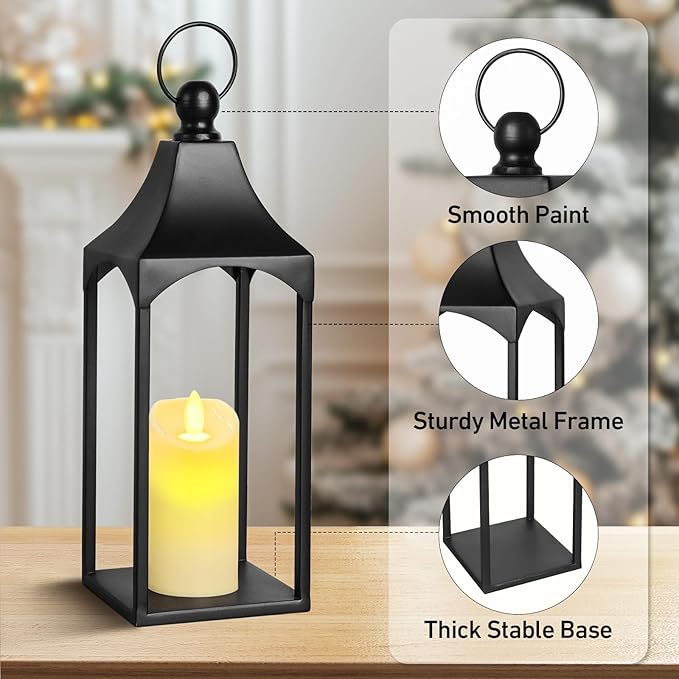 Eufrozy Lanterns Decorative Outdoor Indoor Set of 2 Black Metal Candle Lanterns with Flameless Candle, Modern Farmhouse Lantern Decor for Porch Patio Fireplace Mantle Kitchen Table Christmas Gifts-Ruum Studio Home