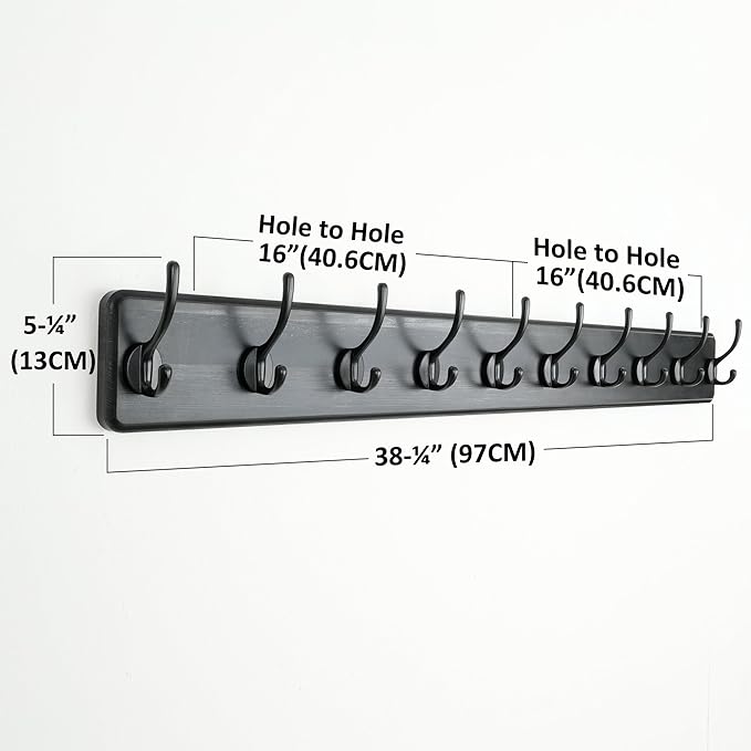 Dseap Wall Mounted Coat Rack: 38-1/4" Long, Patented, Heavy-Duty, 10-Double-Hooks Wooden Hanger Rail for Winter Coats, Hats, Jackets, Clothing - Black, Pack of 2-Ruum Studio Home