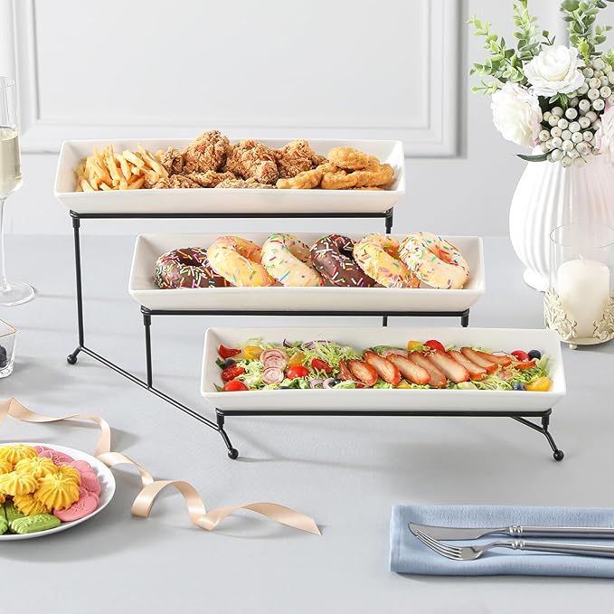 MALACASA 3 Tier Serving Tray, Porcelain Tiered Cupcake Stand, Ceramic Elevated Serving Platter with Collapsible Sturdier Rack,Series PLAT (White, 14 Inch)-Ruum Studio Home