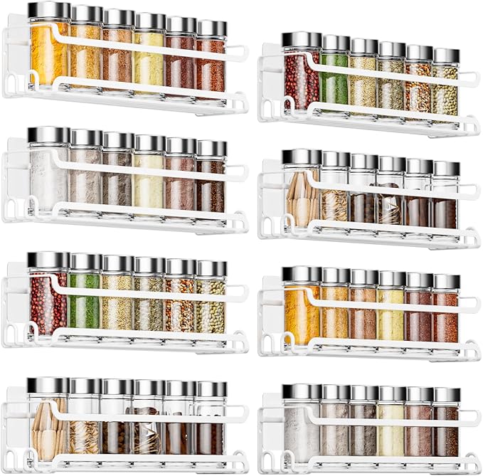 LUCYCAZ 8 Pack Wall Mounted Spice Rack with 16 Hooks, Spice Organizer Shelf for Stove Cabinet Pantry Door,Screw or Adhesive Spice Shelf Hanging Wall Spice Rack in Kitchen and RV (White, 8 PACK)-Ruum Studio Home