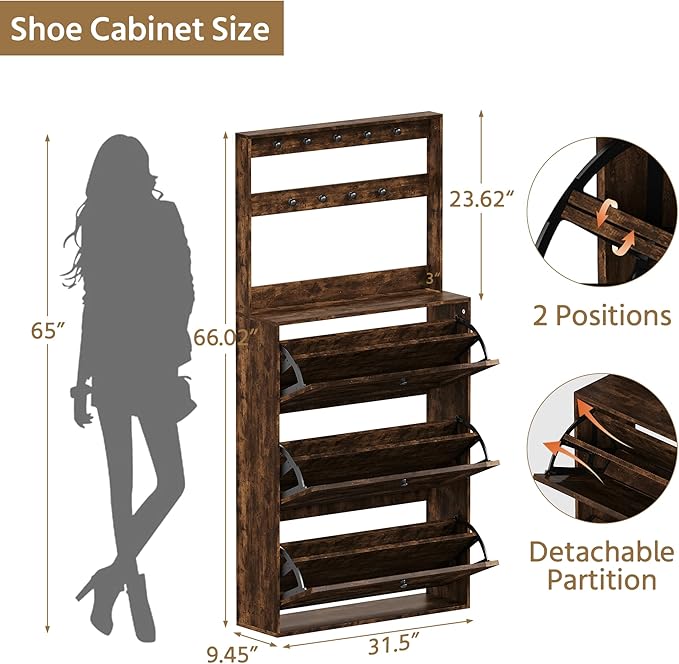Shoe Cabinet Set 2 with 3 Flip Drawers, Narrow Shoe Cabinet with 9 Hooks Coat Rack, Freestanding Shoes Storage Cabinets with Adjustable Shelves for Entryway, Hallway, Living Room, Rustic Brown-Ruum Studio Home