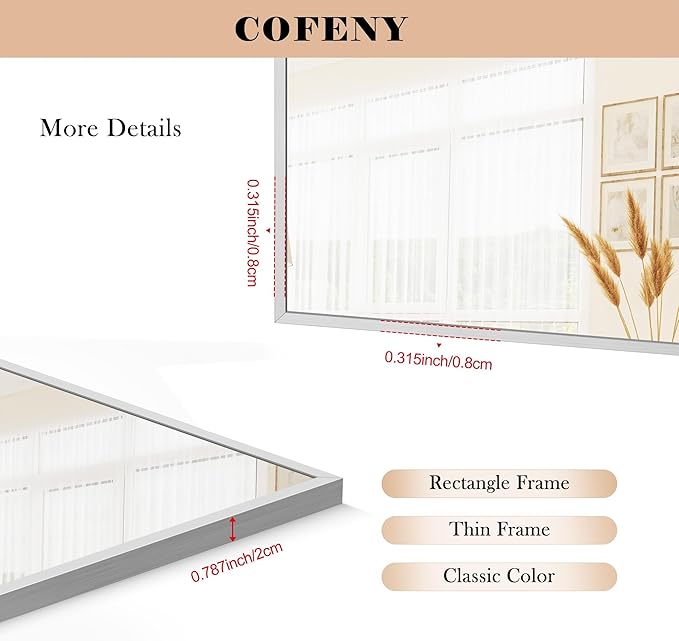 Silver Bathroom Mirror for Wall, 30x60 Inch Rectangle Mirrors with Metal Frame, Modern Vanity Large Wall Mirror for Bathroom Living Room, Entryway Hangs Horizontal or Vertical-Ruum Studio Home