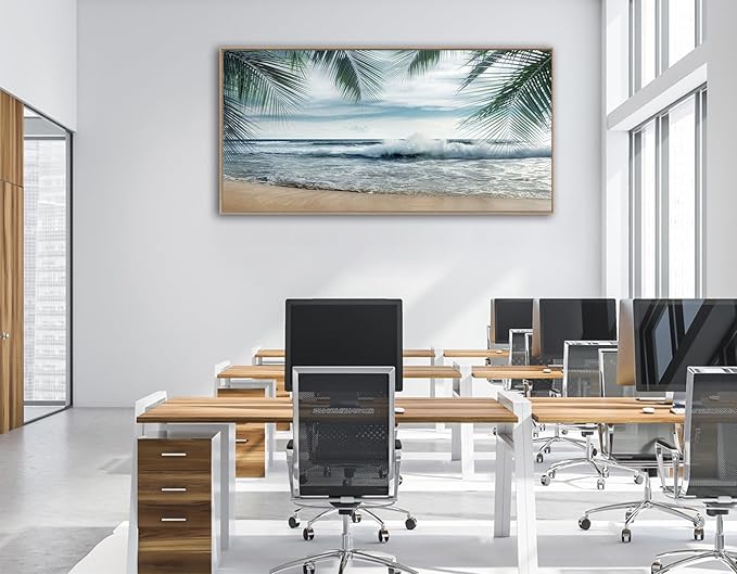 Framed Tropical Beach Wall Art - Ocean Waves Canvas Pictures Coastal Blue Sky and Sea Print Seaside Palm Tree Leaves Scene Painting Artwork Living Room Bedroom Office Home Decor 29" x 58"-Ruum Studio Home