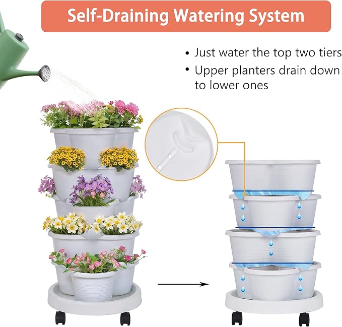 VECELO 5 Tier Vertical Garden Planter, Self Watering Stackable Planters with Wheels for Strawberries, Herbs, Flowers, Vegetables, White-Ruum Studio Home