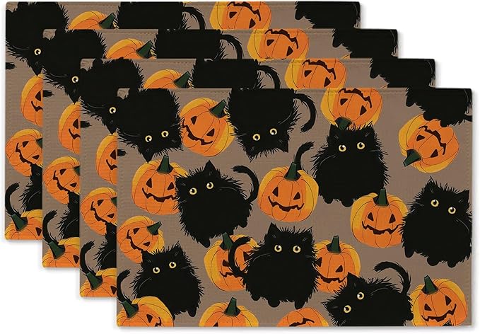 Halloween Placemats Cat Pumpkin Set of 4 Table Mats Seasonal Cute Home Party Kitchen Dining Table Decorations-Ruum Studio Home