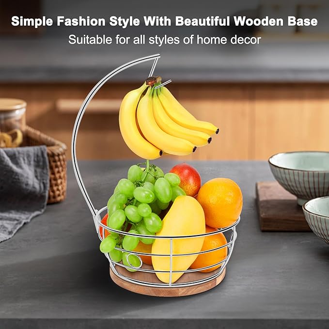 Livabber Countertop Fruit Basket Bowl with Banana Hanger, Modern Standing Fruit Vegetable Bowl Storage, with Banana Tree Holder for Kitchen Dinning Table (Round Wood, Chrome)-Ruum Studio Home