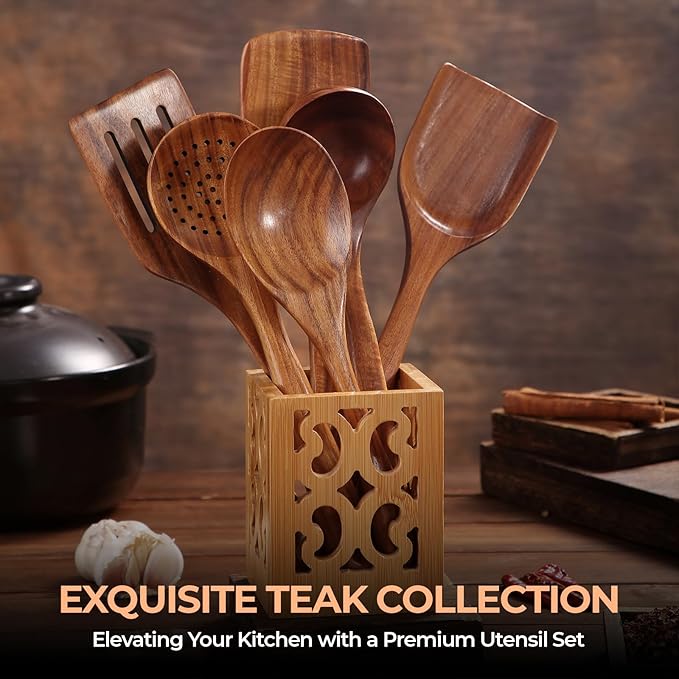 AIUHI Nonstick Natural Wooden Kitchen Utensils Set, Smooth Finish Teak Wood Spoons for Cooking, Comfortable Grip Spatula for Elaborate Cooking 6Pcs-Ruum Studio Home