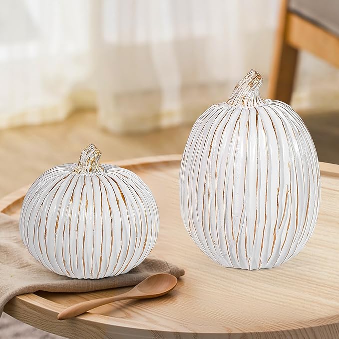 2Pcs Halloween Pumpkin Artificial Resin Pumpkins Decor for Mantel Harvest Autumn Tabletop Decoration Gold Fall Pumpkin Decorations Thanksgiving Table Centerpieces (Set B, ONE Size)-Ruum Studio Home