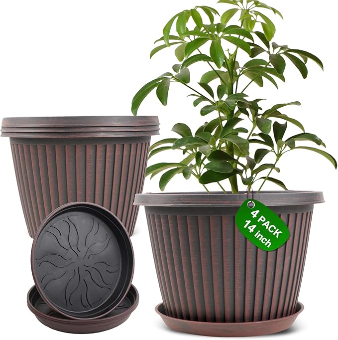 Large-Planter-Indoor-Outdoor Plant Pots, 14 inch 4 Pack Plastic Flower Pots with Saucer And Drainage Holes, Modern Garden Planters For Planting Medium Large Plants， Decorative Resin Garden Pots-Ruum Studio Home