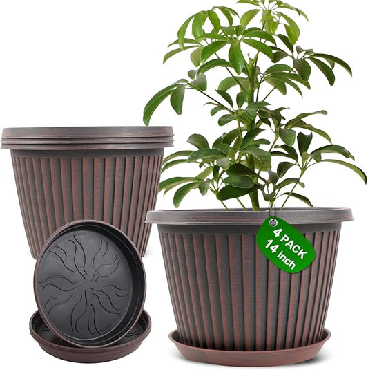 Large-Planter-Indoor-Outdoor Plant Pots, 14 inch 4 Pack Plastic Flower Pots with Saucer And Drainage Holes, Modern Garden Planters For Planting Medium Large Plants， Decorative Resin Garden Pots-Ruum Studio Home