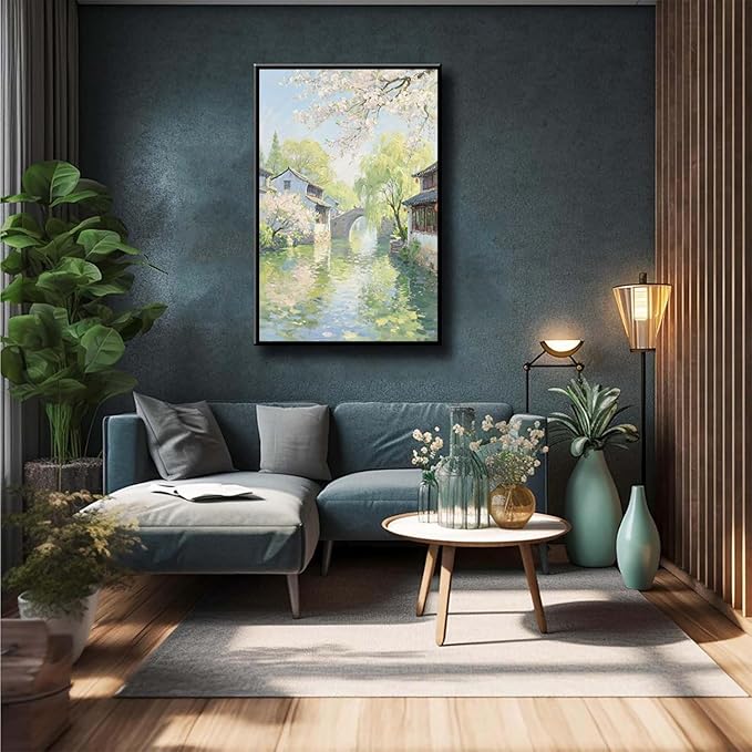 Small bridge stream house Jiangnan style landscape poster suitable for living room bedroom office natural oil painting poster-Ruum Studio Home