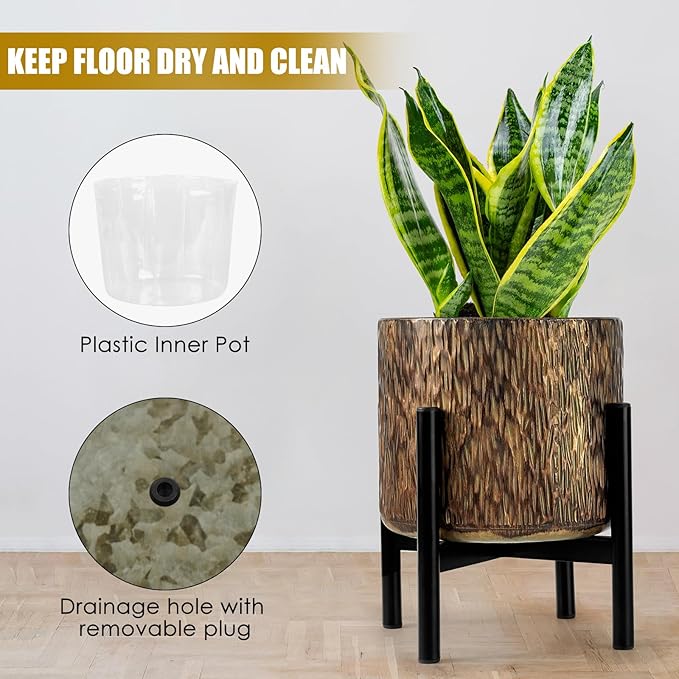 Harvest Land Plant Pots with Stand, Set of 2 Large Modern Planters Metal Tall Handmade Flower Pots with Drainage Holes Indoor Outdoor,Bronze-Ruum Studio Home