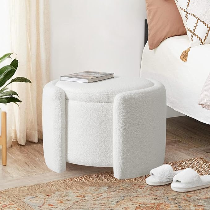 Furniliving Upholstered Button Tufted Round Ottoman, Ottoman with Storage, Teddy Footrest Stool, Removable Lid Convenient Footstools, Bedroom Ottomans with Storage for Vanity, Living Room, White-Ruum Studio Home