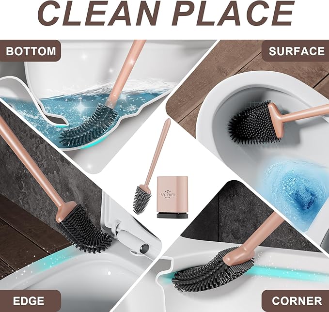 Sellemer Toilet Brush and Holder Set - Flexible Toilet Bowl Brush Head with Silicone Bristles, Compact Size for Storage and Organization, Ventilation Slots Base (1 Pack, Rose Gold)-Ruum Studio Home