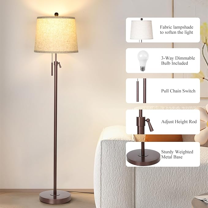 Modern Floor Lamp Adjustable Height Standing Lamp Tall Lamp with 3 Color Temperatures Floor Lamps for Living Room Bedroom Office Beige Shade Bulb Included-Brown-Ruum Studio Home
