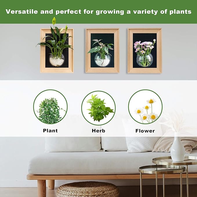 Natural Wooden Frame Wall Hanging Planter for Hydroponic Plants, 12'' x16''inch Wall Vase with Round Acrylic Propagation Station，Bathroom, Office, or Living Room Décor, Set of 3-Ruum Studio Home