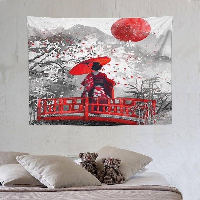 Japanese Red Geisha Tapestry Asian Cherry Blossom Red Sun Traditional Kimono Folk Tapestries Home Decor for Living Room Bedroom Apartment Farmhouse Dorm 40"x30"-Ruum Studio Home