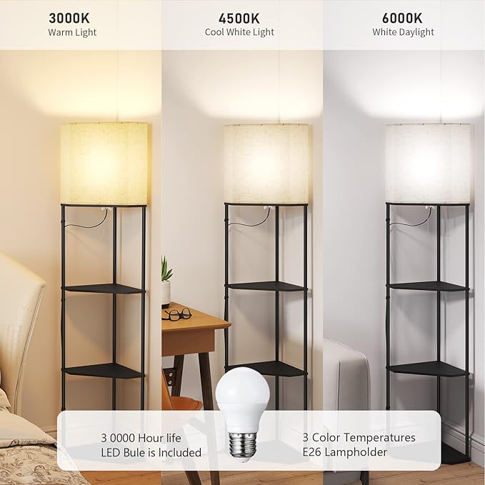 SUNMORY Sector Corner Shelf Lamp 3 Color Temperatures LED Bulb,Corner Lamps with Linen Lampshade, Floor Lamps for Living Room, Bedroom, Study, Black Standing Lamp with Shelves-Ruum Studio Home