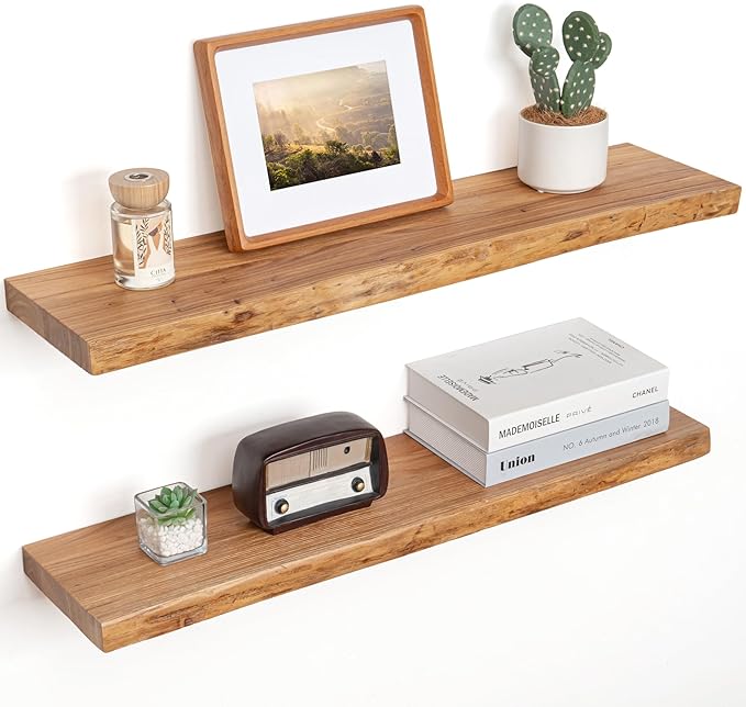 Floating Shelves for Wall Decor, Rustic Solid Elm Wood Live Edge Floating Shelves Wall Mounted, Wall Shelves with Invisible Bracket for Living Room Bathroom Bedroom Kitchen, 32 Inch Set of 2, Natural-Ruum Studio Home