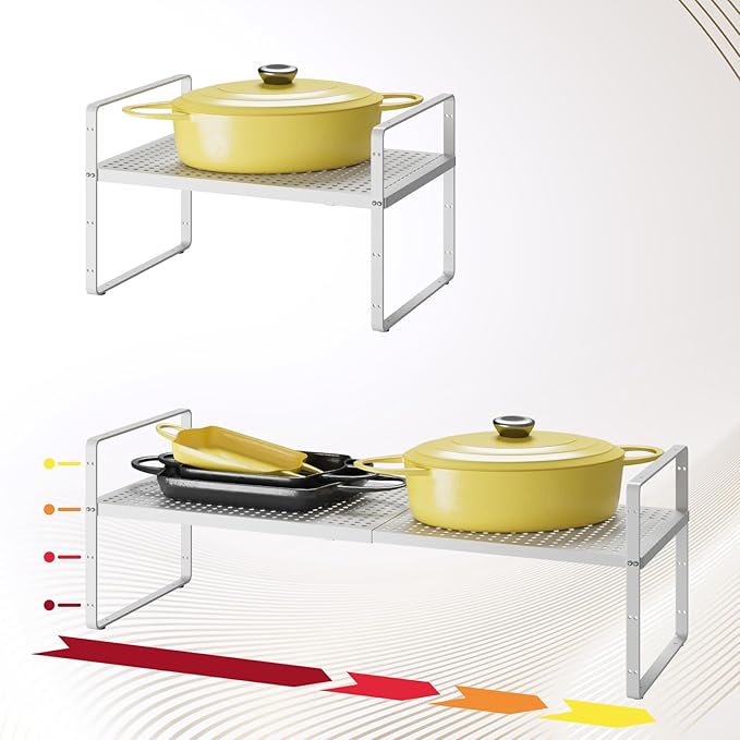 Hole Pattern Expandable Shelf Organizer,1Pack 10.2" Wide Easy to Assemble Cabinet Organizer Shelf, 16.5~27.1" Adjustable Height&Stackable Spice Organization for Cupboard, White-Ruum Studio Home