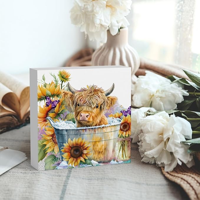 Highland Cow Funny Bathroom Decor, Highland Cow Gifts, Highland Cow Decor,Highland Cow Nursery Decor,Wooden Box Decor Sign for Home Farmhouse Office Living Room Table Shelf Tiered Desk-Ruum Studio Home