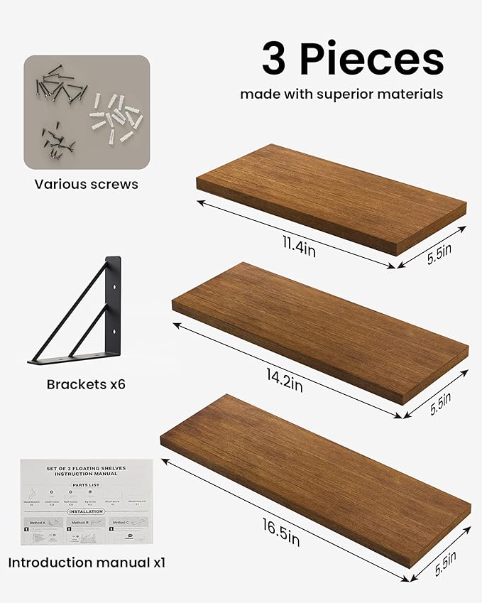 BAYKA Floating Shelves for Wall, Book Shelf for Bedroom, Wall Decor Shelves for Living Room Kitchen, Mounted Wood Floating Shelf for Home Decor, Corner Shelf for Bathroom, Office(Set of 3)-Ruum Studio Home