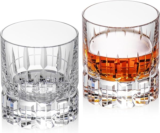 KAMMAK Crystal Whiskey Glasses Set of 2, Luxury 7.78oz Old Fashioned Glasses Stemless, Hand Blown Cocktail Glasses, Handcrafted Engraved Scotch Cup for Women, Men Gift for Bourbon Barware-Ruum Studio Home