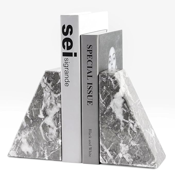 Marble Bookends for Heavy Books, Decorative Bookends for Shelves, Durable and Heavy-Duty Book End for Hardback Book & CDS, Unique Book Stopper & Holder, Gris Lido, Set of 2-Ruum Studio Home