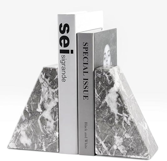 Marble Bookends for Heavy Books, Decorative Bookends for Shelves, Durable and Heavy-Duty Book End for Hardback Book & CDS, Unique Book Stopper & Holder, Gris Lido, Set of 2-Ruum Studio Home