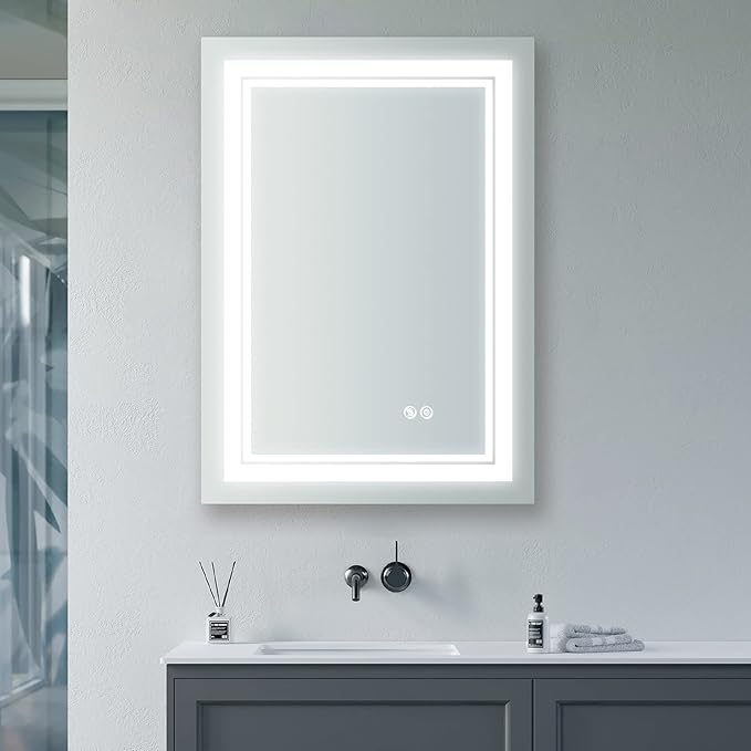 WELLFOR LED Bathroom Vanity Mirror 24 x 32 Inch, Lighted Anti-Fog Dimmable Mirror, IP44 Waterproof Wall Mounted Makeup Mirror, Packed with US Standard Plug and Touch Switch, (Horizontal/Vertical)-Ruum Studio Home