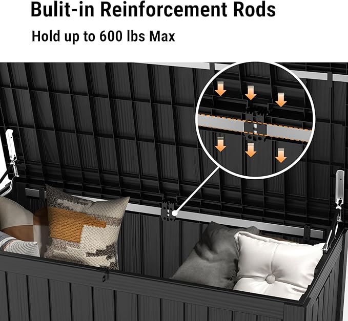 Mars Villa 119 Gallon Outdoor Storage Box Waterproof, Large Resin Deck Box for Pool Supplies Storage, Outdoor Patio Furniture Cushions, with Hydraulic Hinge, UV-Resistant and Weatherproof, Black-Ruum Studio Home
