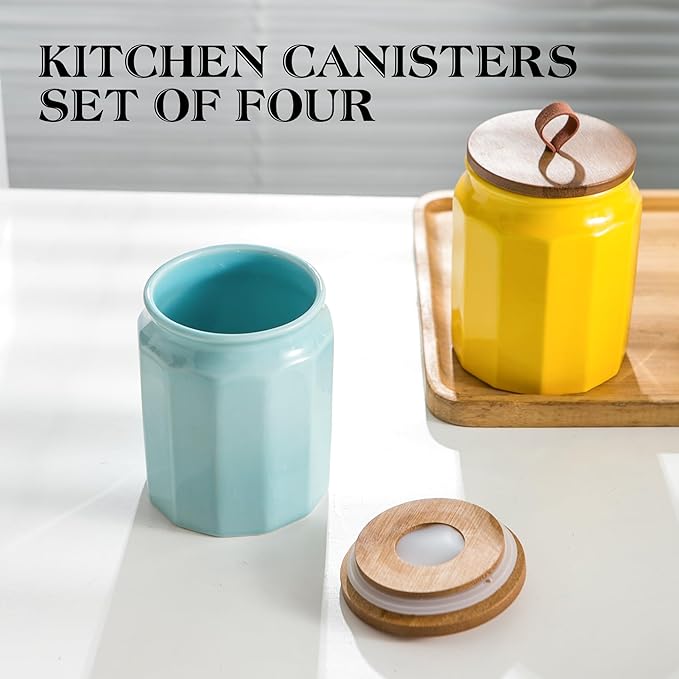 Canister Sets for Kitchen, Kitchen Canisters for Countertop with Airtight Wood Lid, Ceramic Food Storage Containers and Sugar Container for Coffee, Flour, Tea, Candy, Cookie, Spice-Ruum Studio Home