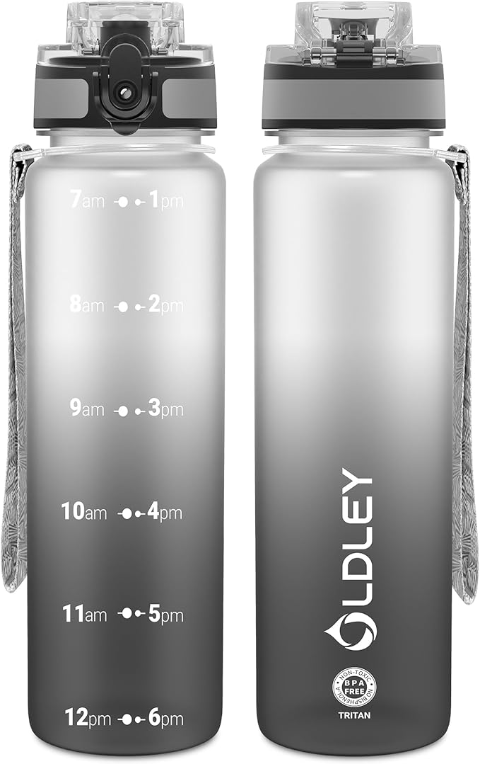 OLDLEY 32 oz Water Bottle, Motivational Water Bottle with Time Marker, Sports Water Bottle With Strap, Leakproof & BPA Free Large Water Bottles for School, Gym, Travel, Outdoor, Tritan,White&Black-Ruum Studio Home
