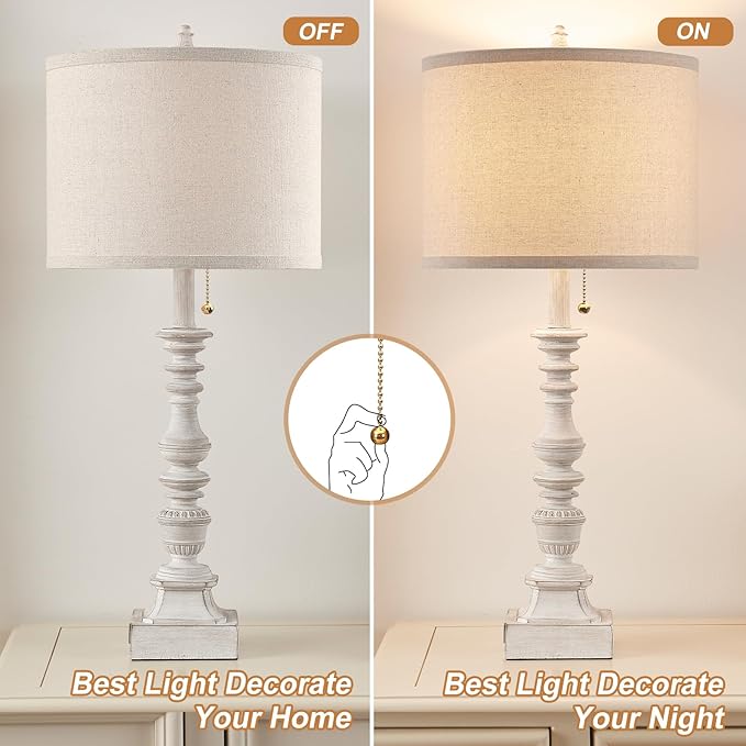 Farmhouse Table Lamps for Bedroom Set of 2, 29.5" Tall Rustic Bedside Lamp with USB Ports and AC Outlet, Vintage Nightstand Table Lamp for Living Room with Linen Drum Shade, White, Pull Chain-Ruum Studio Home