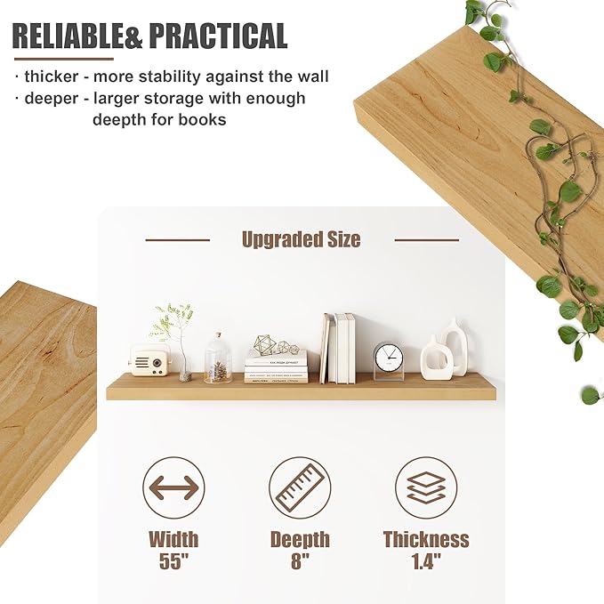 Floating Shelves for Wall, USA-Sourced Brich Wood 55 Inch Long Wall Shelves, Natural Wooden Mounted Picture Ledge Shelf, Nursery Book Storage Shelf Kids Bookshelf, Display Shelf for Bathroom-Ruum Studio Home