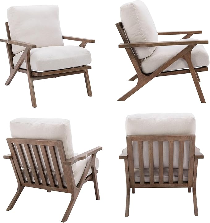 HNY Mid Century Modern Accent Chair, Farmhouse Retro Linen Upholstered Armchair for Living Room Bedroom, 23'' Seat Wide Leisure Slipper Chair with Wood Frame, White-Ruum Studio Home